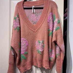 Free People Pink Floral V-Neck Sweater